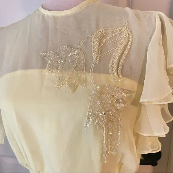 70s Jack Bryan Pale Butter Yellow Chiffon Evening Maxi Dress Size small - Picture 6 of 9